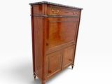 a wooden cabinet with a marble top and two drawers