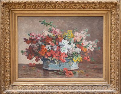 une peinture de fleurs dans un vase sur une table