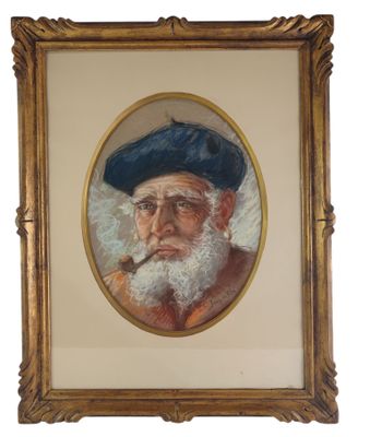 painting of an old man with a blue beret and a pipe in a gold frame