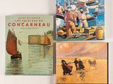 trois livres posés sur une surface blanche, dont l'un représente un bateau et l'autre représente un bateau