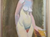 an oil painting of a nude woman with a chair in front of her
