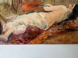 a painting of a woman laying on a bed with an umbrella