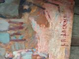 a painting of a woman holding a cake on a table