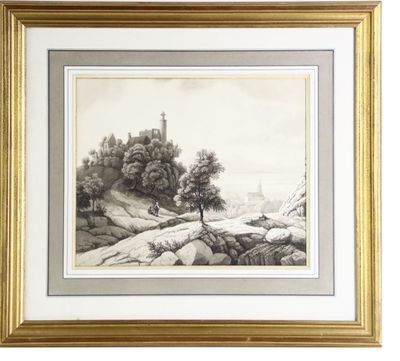 un dessin représentant un paysage avec des arbres et des rochers, dans un cadre doré