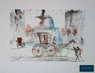dessin représentant une calèche devant une fontaine
