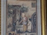 painting of a woman and a child in front of a horse drawn carriage