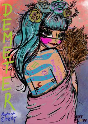un dessin représentant une femme aux cheveux bleus tenant un bouquet de fleurs