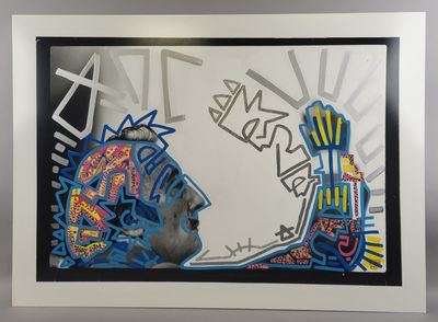 framed and matted print of a graffiti painting of a man ' s head