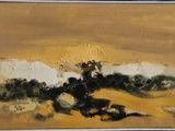 une peinture à l'huile représentant un paysage désertique avec un arbre solitaire au premier plan