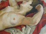 a painting of a nude woman laying on a red blanket