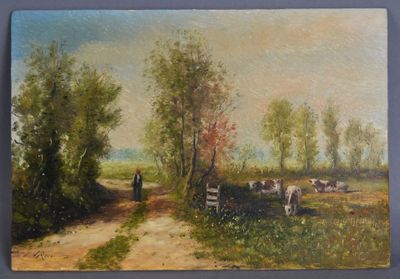 un tableau représentant un homme marchant sur un chemin de terre en compagnie de vaches