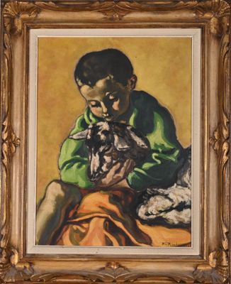 une image représentant un tableau où l'on voit un garçon tenant un chat dans ses bras