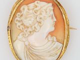 Une broche plaquée or représente le profil d'une femme.