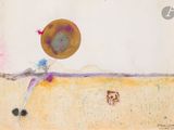 tableau représentant une femme et un chien jouant avec une balle sur la plage