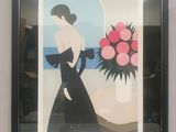 painting of a woman in a black dress holding a bouquet of flowers