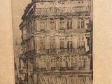 drawing of a building in a city with a clock on the top of it