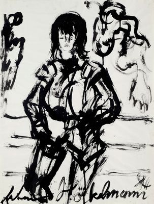 an image of a drawing of a woman standing in front of a horse