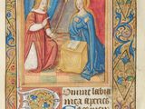 an old book with a painting of two women and a man