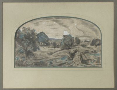 drawing of a landscape with a man and a dog in the foreground