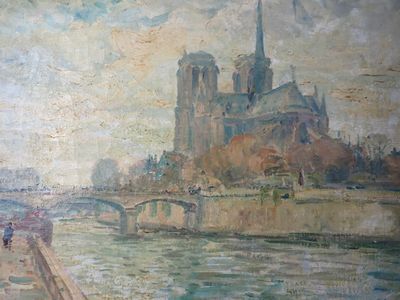 une peinture représentant une peinture d'un château sur l'eau