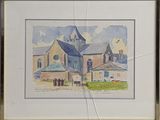 aquarelle encadrée représentant une église avec un clocher en arrière-plan