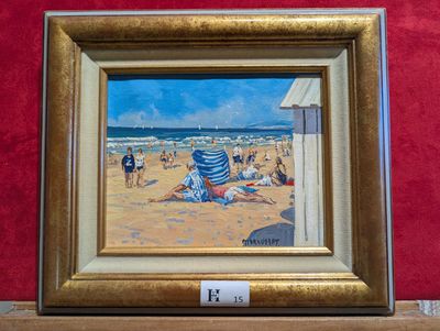une peinture de personnes sur la plage au bord de l'eau