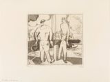 un dessin représentant un homme et une femme debout sur un bateau