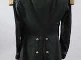 an image of a black military coat on a mannequin stand