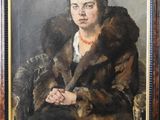 painting of a woman in a fur coat sitting in a chair