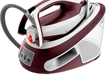 an image of a red and white steam iron on a white background