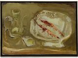 a painting of a plate of food on a table