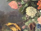 a painting of a bird sitting on a bowl of flowers