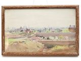 framed picture of a painting of a rural landscape with a village in the distance