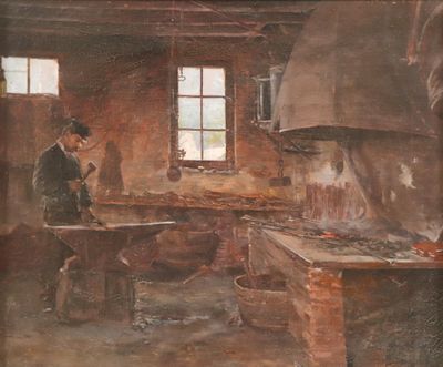 tableau représentant un homme travaillant dans une cuisine équipée d'une grande cuisinière