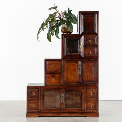 une grande armoire en bois sur laquelle est posée une plante en pot