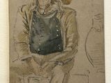 dessin représentant un homme assis sur une chaise, coiffé d'un chapeau