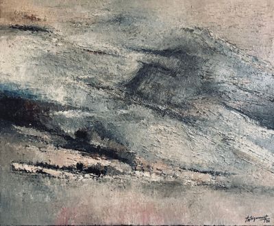 une image représentant un tableau d'une montagne avec des nuages dans le ciel