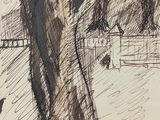 un dessin représentant un arbre dans un parc, à côté d'un banc