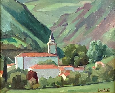 a painting of a church in the middle of a valley