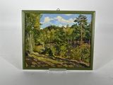 an oil painting of a forest scene with trees in the foreground