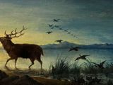une peinture à l'huile représentant un cerf traversant un lac, avec des oiseaux en arrière-plan