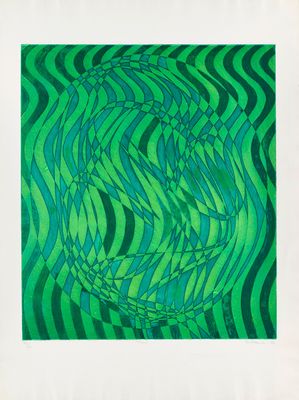 an image of a green and black abstract painting on a white background