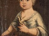 an old painting of a young girl holding a bird in her hand