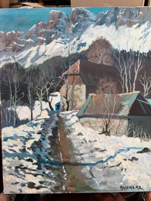 une peinture à l'huile représentant une personne marchant sur une route enneigée