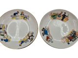two plates with pictures of people on them on them