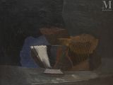 a painting of a bowl of food on a table