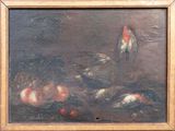 a picture of a painting of birds and fruit on a table