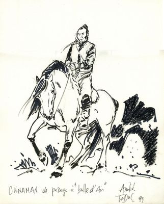 dessin représentant un homme à cheval dans un champ, accompagné d'un chien