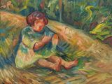 une peinture à l'huile représentant un enfant assis dans un champ recouvert d'herbe