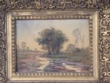 an oil painting of a tree in a field with a river in the foreground